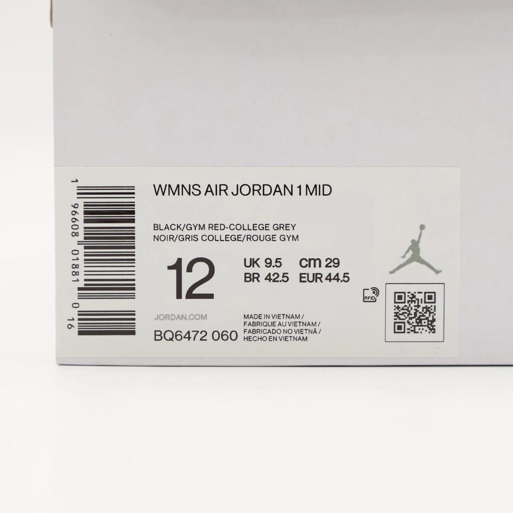 BQ6472-060 Nike WMNS Air Jordan 1 Mid Black Grey Gym Red