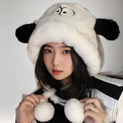 Neue Vielseitige Plüschmütze Lei Feng Mütze Niedliche Welpenmütze mit Großen Augen für Damen Im Winter Warm Zum Reiten mit Samt Ohrenschutz