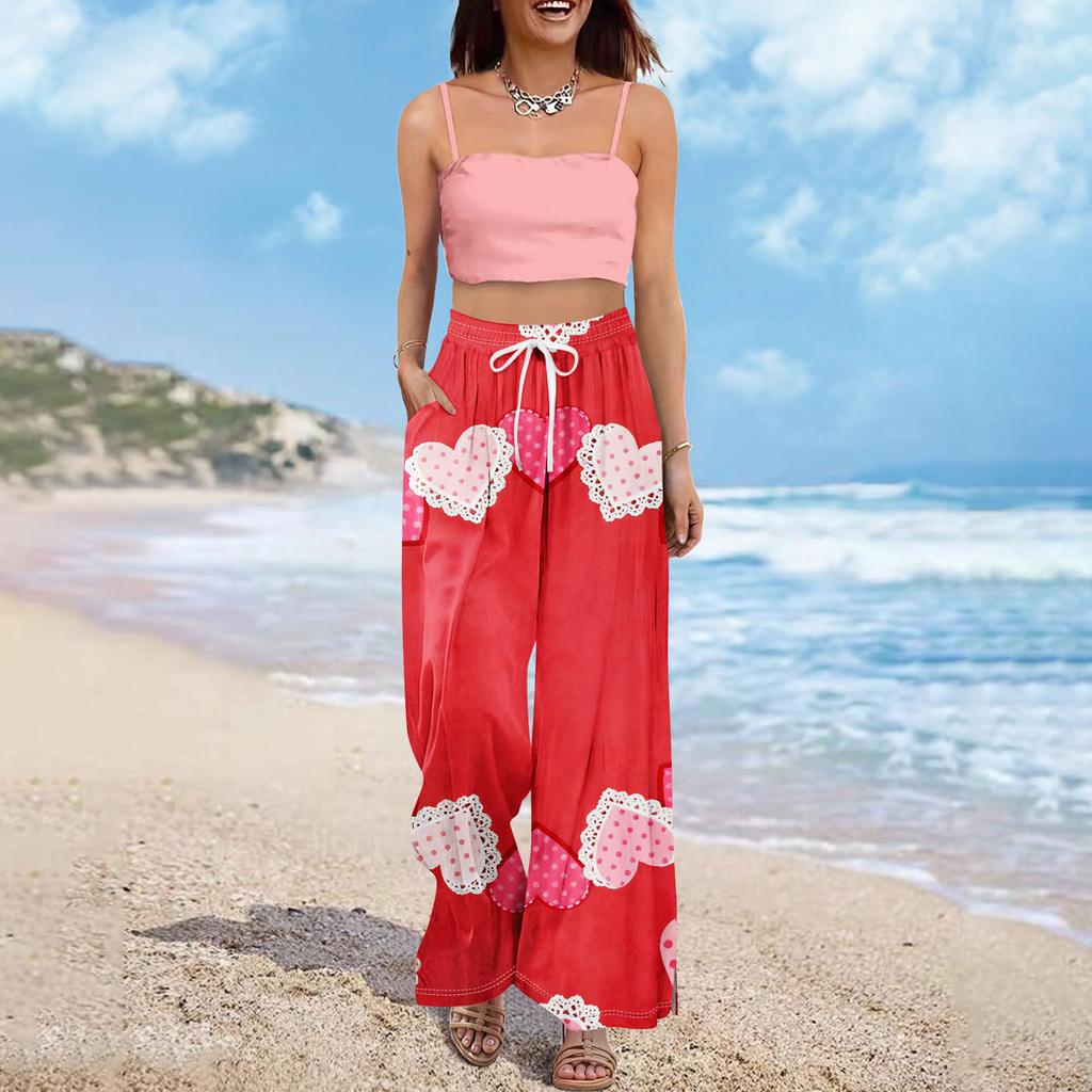 Pantaloni largi cu talie înaltă pentru femei, stil boho de vară, stil palazzo, cu imprimeu, casual, cu buzunare