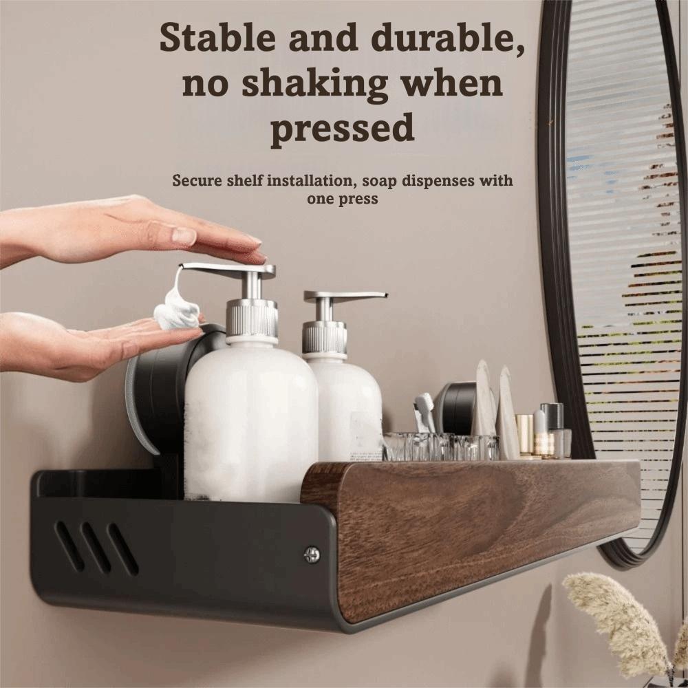 Mid-Century Modern Bathroom Shelf Walnut Finish Strong Grip Bathroom Storage Rack Space Saving Drill-Free Wall Mounted Organizer