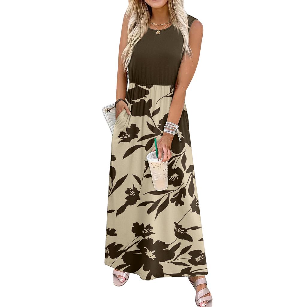 Sleeveless Floral Print Casual Dress for Women Waist Cinched Crew Neck Tank Long Maxi Dress for Daily Wear Vacation