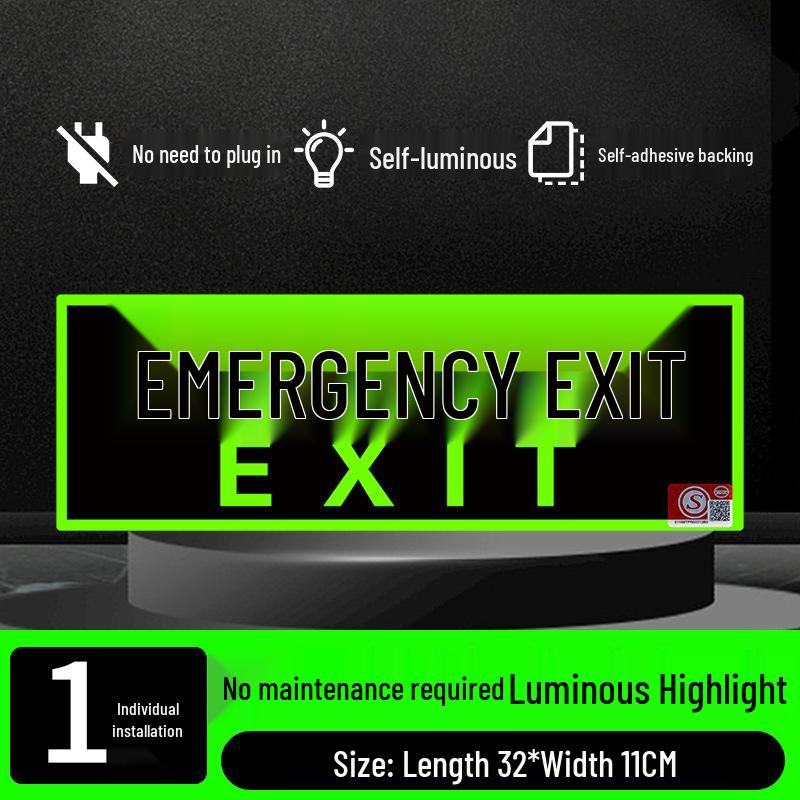 Fluorescent Fire Exit Sign - Self-Adhesive, No Wiring