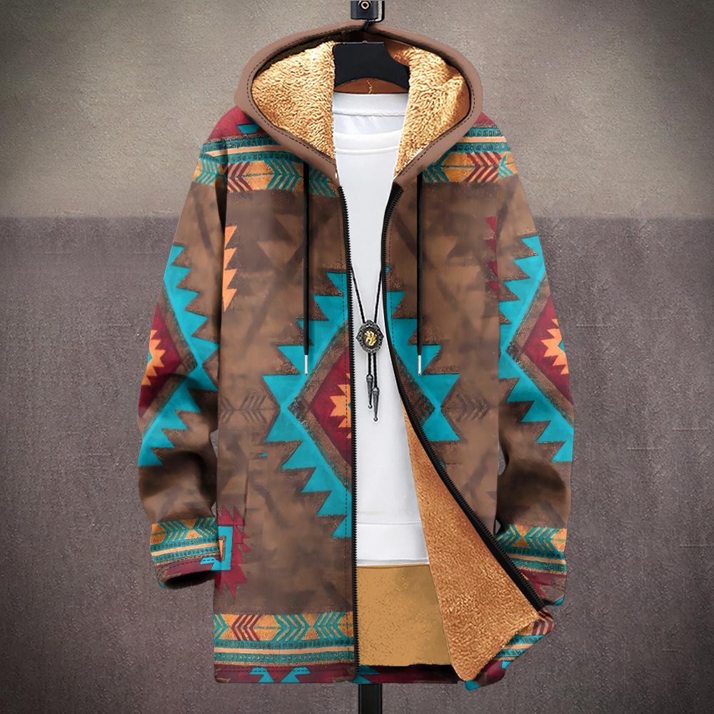 New Jacket: Multi-colored Pattern Elements, Zipper Hooded Cardigan, Thickened Winter Fleece Padded Clothes, Yellow Lining, Trendy Cotton Clothes