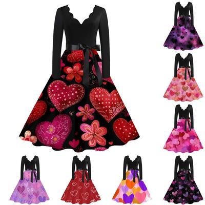 Women's Casual Fashion V-neck Valentine's Day Print Retro Dress