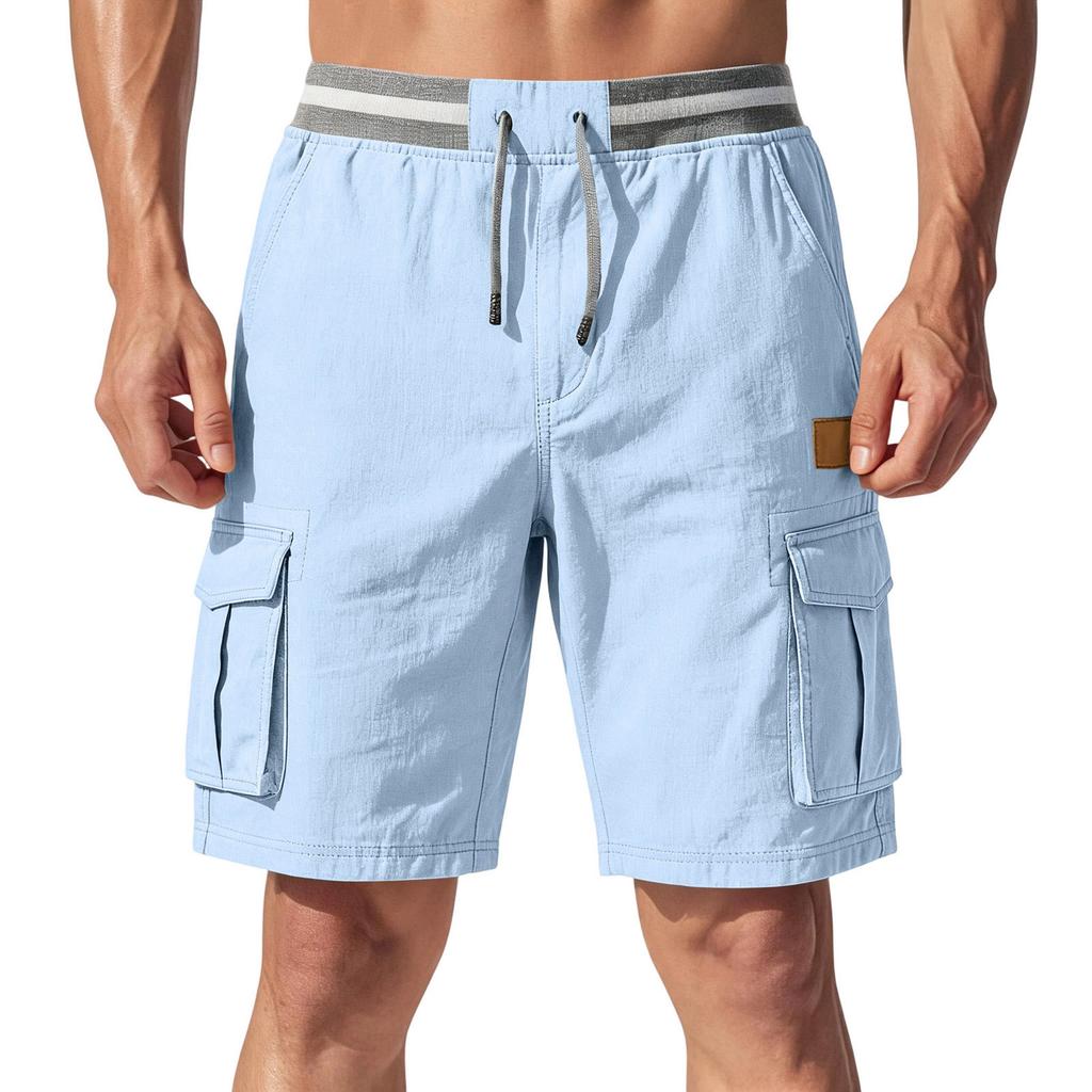 Pantalones Cortos Cargo Ligeros Transpirables con Cintura Elástica y Cordón, Estilo Casual Vintage para Hombre, Múltiples Bolsillos para Actividades al Aire Libre