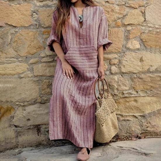 Women's 3/4 Sleeve Striped Maxi Dress Casual Loose Fit Sundress with Front Pocket Summer Beach Vacation Outfits