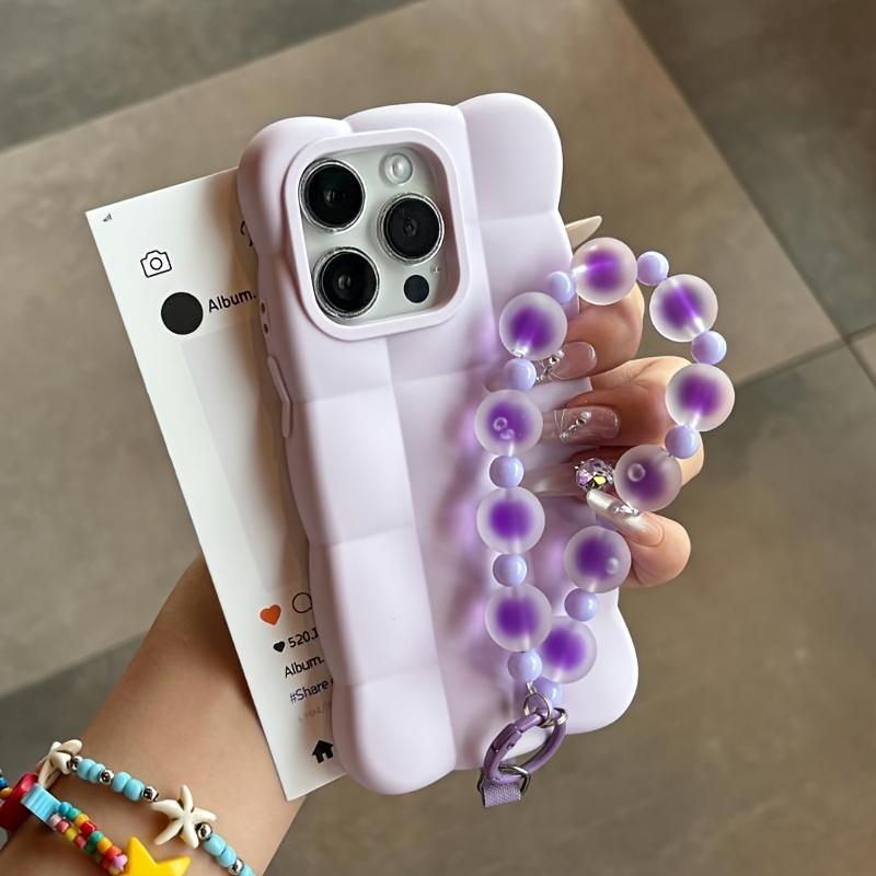 Cartoon Lattice 3D Block With Bead Lanyard Phone Case For iPhone 18 17 16 15 14 13 Pro Max Candy Color Shockproof Soft TPU Cover
