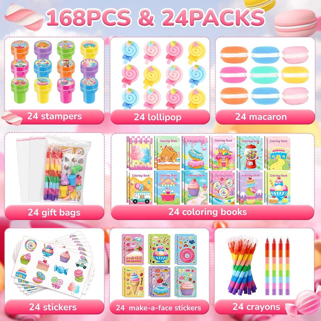 BenLouis 168Pcs Candyland Party Favors Ice Cream Donut Coloring Book Crayon Stickers Set Bulk for Kids Cupcake Lollipop Sweet Treats Birthday Gift