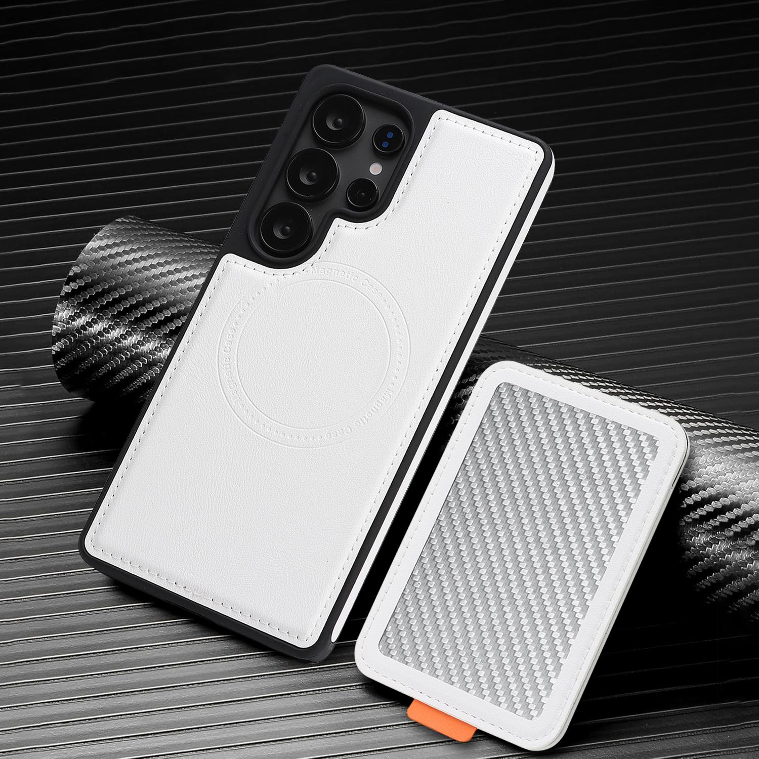 

Магнитный кожаный чехол для телефона + Многофункциональный держатель для карт с текстурой углеродного волокна для серии Samsung S24 - S25 Samsung Galaxy S25 Edge белый