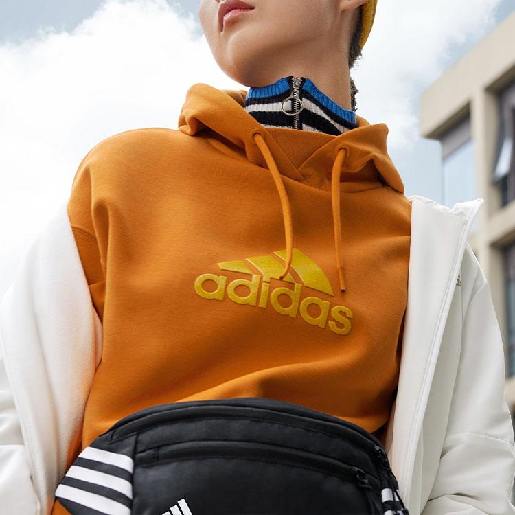 Adidas Logo Print Sports Hoodie Women Tops Orange HB7361