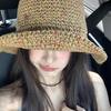 Women Summer Handwoven Rainbow Straw Hat Korean Fashion Wide Brim Breathable Cap for Beach Travel Sun Coverage