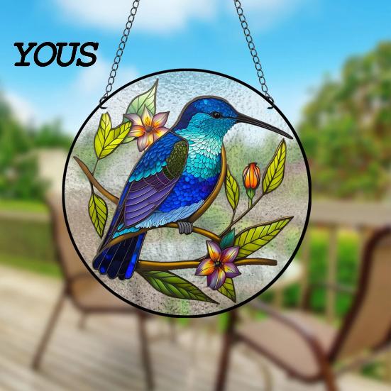 Stained Acrylic Bird Suncatcher Colorful Hummingbird Wall Hanging Decoration, for Window Exquisite Floral Motif Decor, Decorative Pendant with