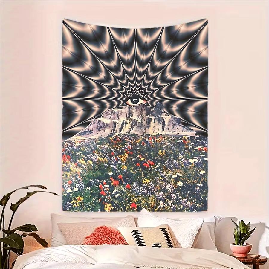 Psychedelic Eye Over Mountain and Flowers Wall Tapestry Surreal Wall Hanging All-Seeing Eye Tapestry Printing Wall Tapestry