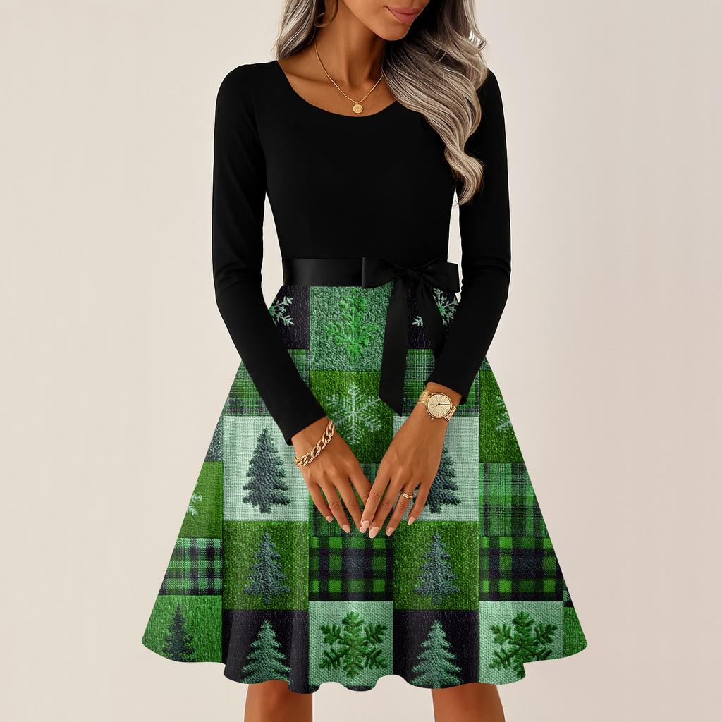 Dame Casual Mote Rund Hals Langermet Juleprintet Selskap Vintage Lange Kjoler