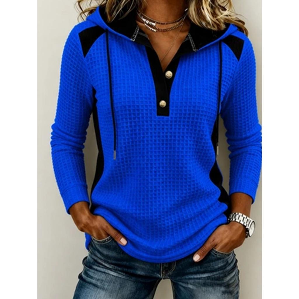 Women's Fashion Casual Waffle Knit Patchwork Hoodie, Anu Self-developed European American Style Sweatshirt for Women