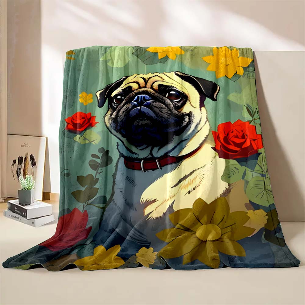 6 Sizes Cute Dog Pug Printed Blanket Warm Soft and Comfortable Home Travel Camping Blanket Sofa Bedding Cover Blanket Child Gift
