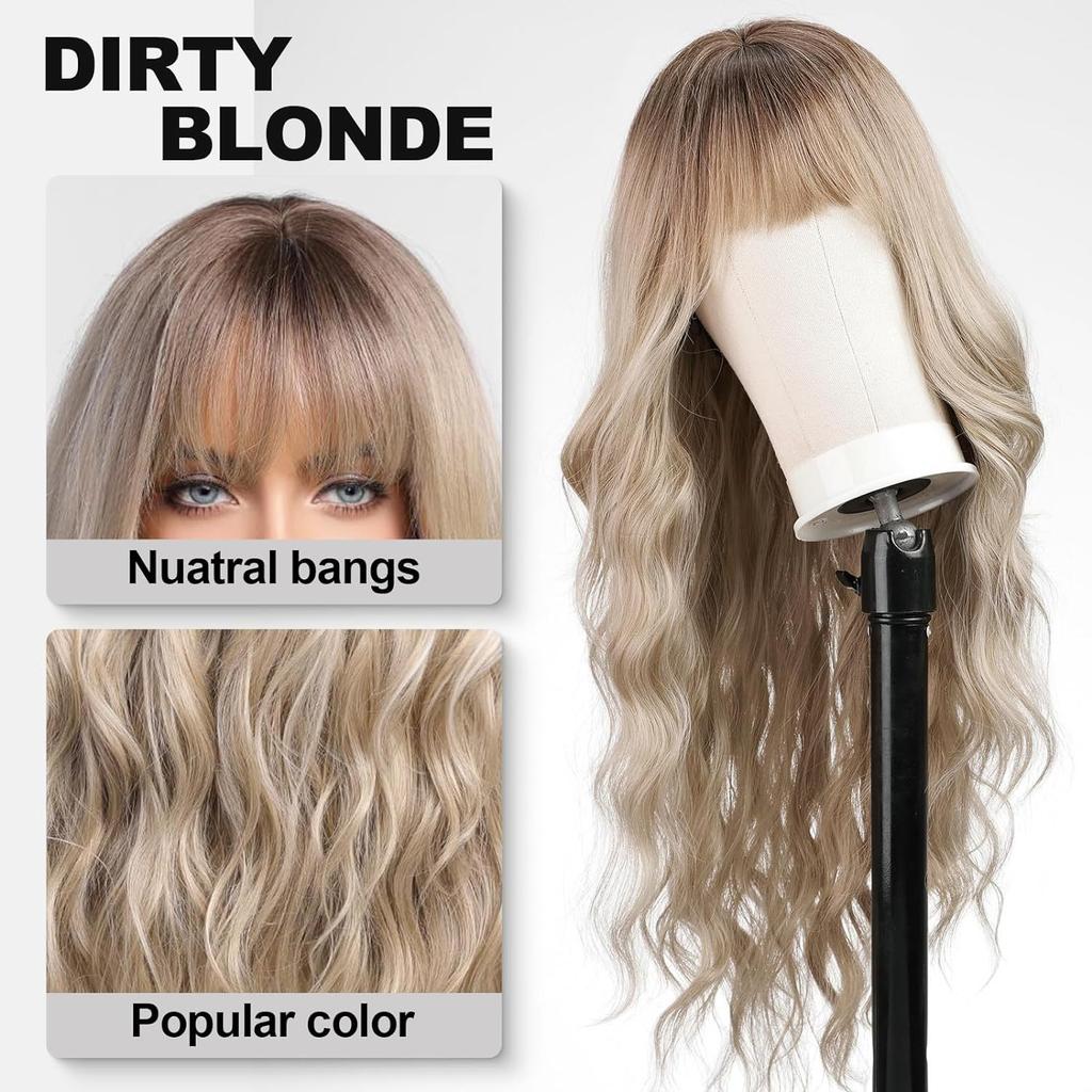 Cross-Border Water Wave Wigs European American Women's Fashionable Synthetic Hair Wig Brown Gradient Color Bangs Long Curly Hair