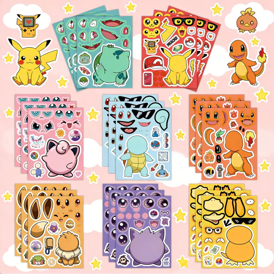 16 Sheets Anime Pokemon Make A Face Puzzle Stickers Kids Cartoon Diy Funny Assemble Jigsaw Decals Children Toys Party Gifts