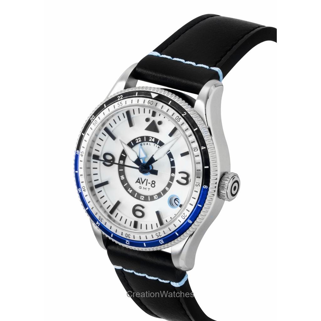 AVI-8 Flyboy Airmaster GMT Kožený řemínek Bílý ciferník Automatické AV-4128-02 Pánské hodinky