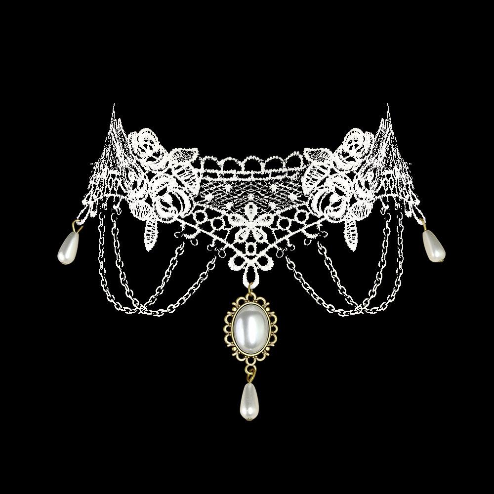 White Lace Pearl Tassel Choker Necklace - Retro Bridal Clavicle Chain