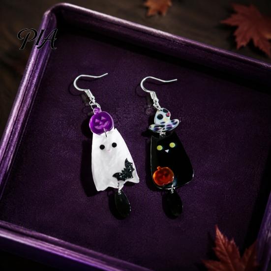 Lightweight Acrylic Statement Earrings 1 Pair Halloween Earrings, Black White Ghost Drop Dangle with Novelty Jewelry for Parties Witch Hat Bat