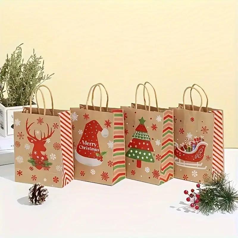 12-48PCS Christmas Gift Bags Printed Handbags Portable Candy Storage Bags with Handle Holiday Packaging Xmas New Year Supplies