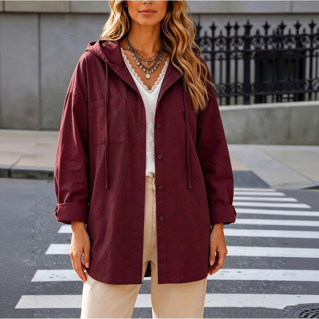 Women's Loose Fit Hooded Cargo Jacket Long Sleeve Color Mid Length Drawstring Shirt Jacket