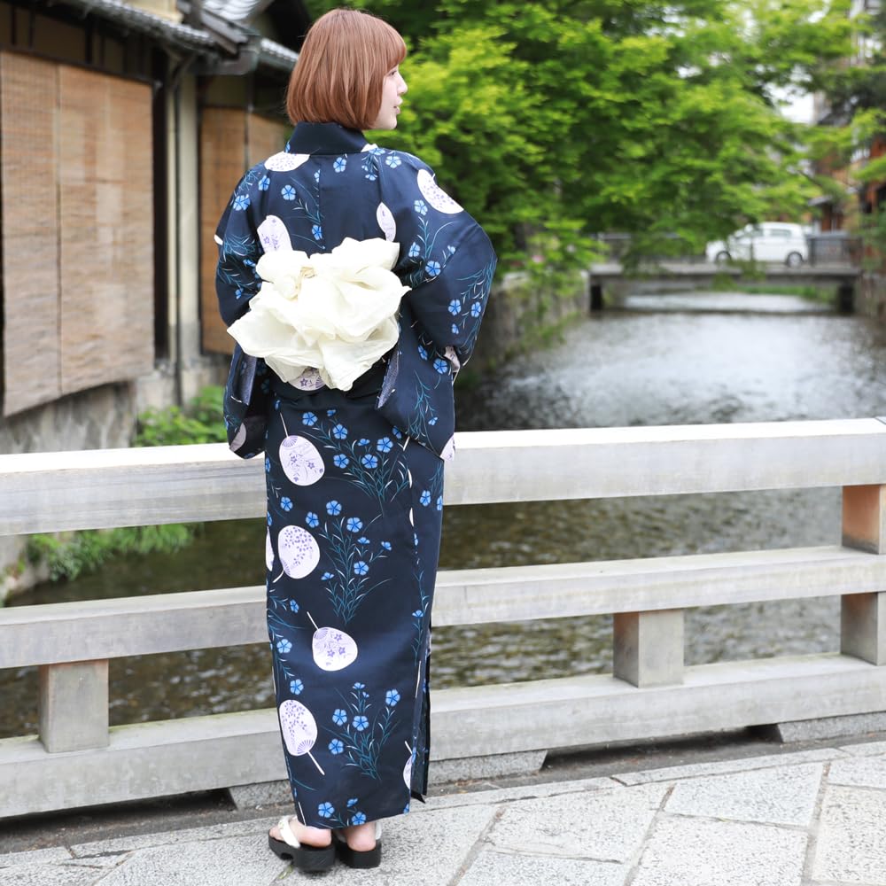 Separate Yukata for Large Separate Yukata with Heko Set Navy Blue with Uchiwa and Women, Adults, Size, Obi, 3-piece (LL-3L Size, 1. Nadeshiko)