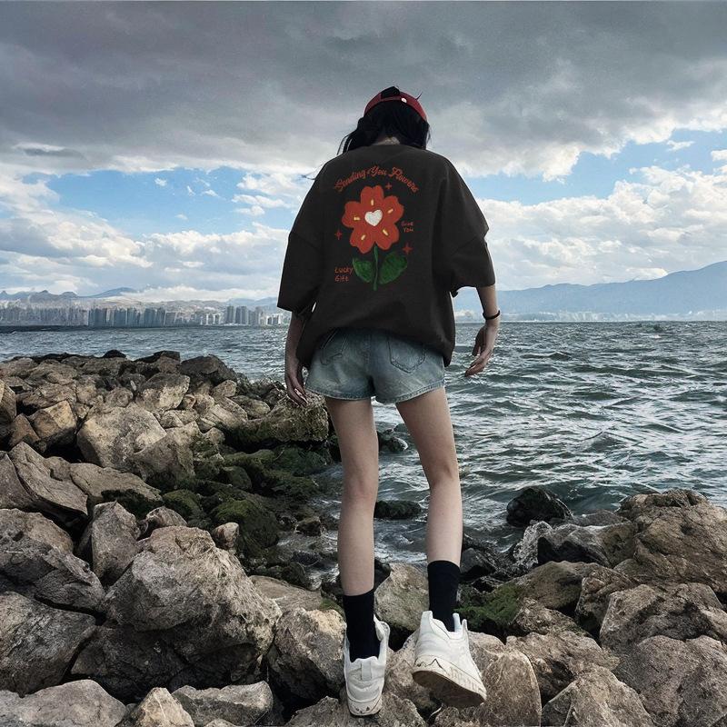 Summer Floral Printed Casual Fashion Cotton Tee Women Short Sleeve Pullover Top Female Vintage All-match T-shirt