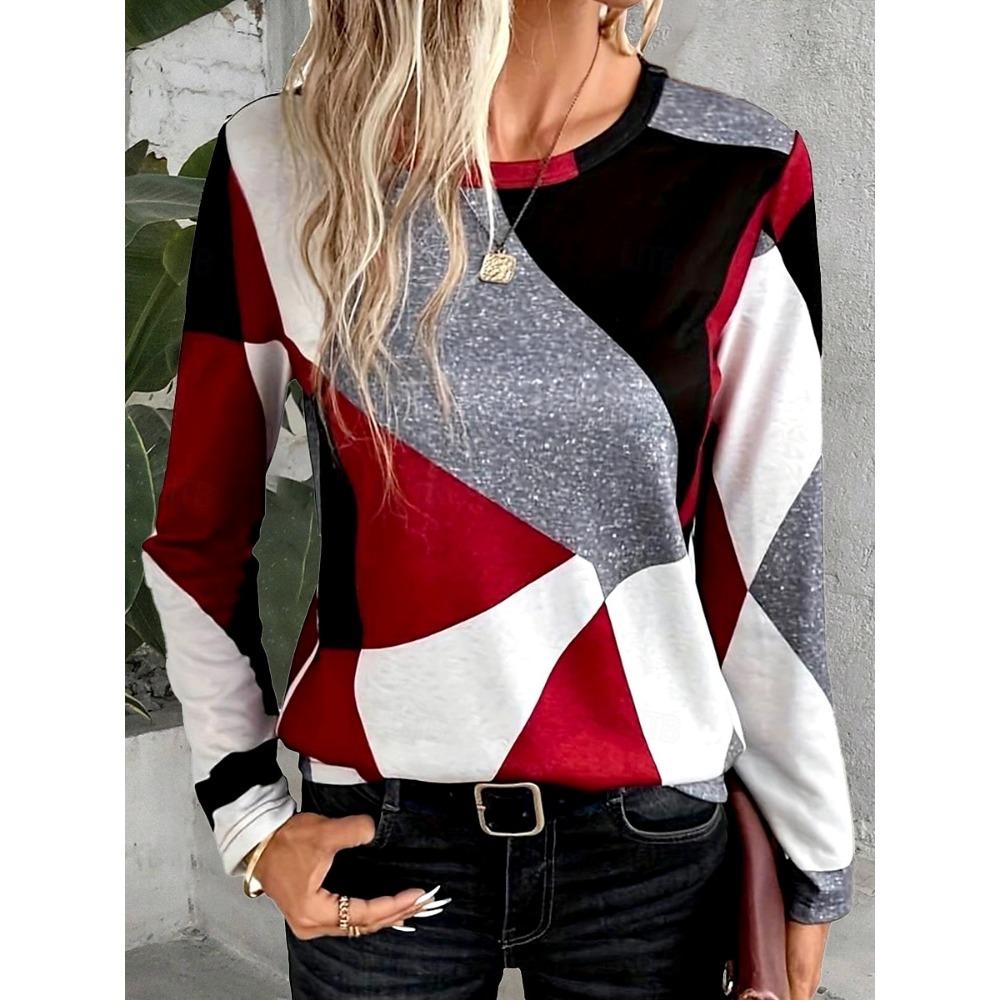 Women's T-shirt 3D Irregular Geometric Printing Fashion Long-sleeved Round Neck Regular Tops Holiday Weekend Spring and Autumn
