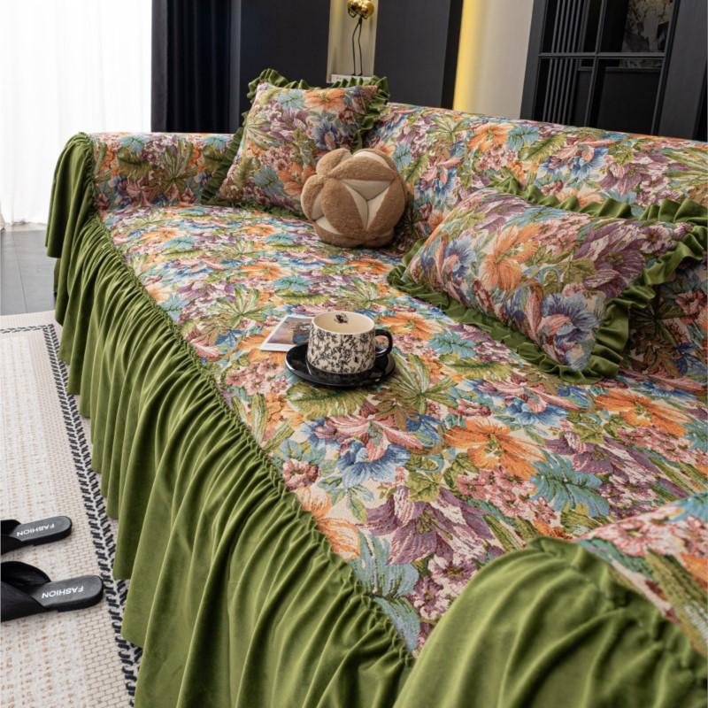 French Ruffled Edge Mat Aesthetic Anti-Slip Cooling Flower Printed Couch Cushion Mats Autumn Universal Chenille Sofa Cover