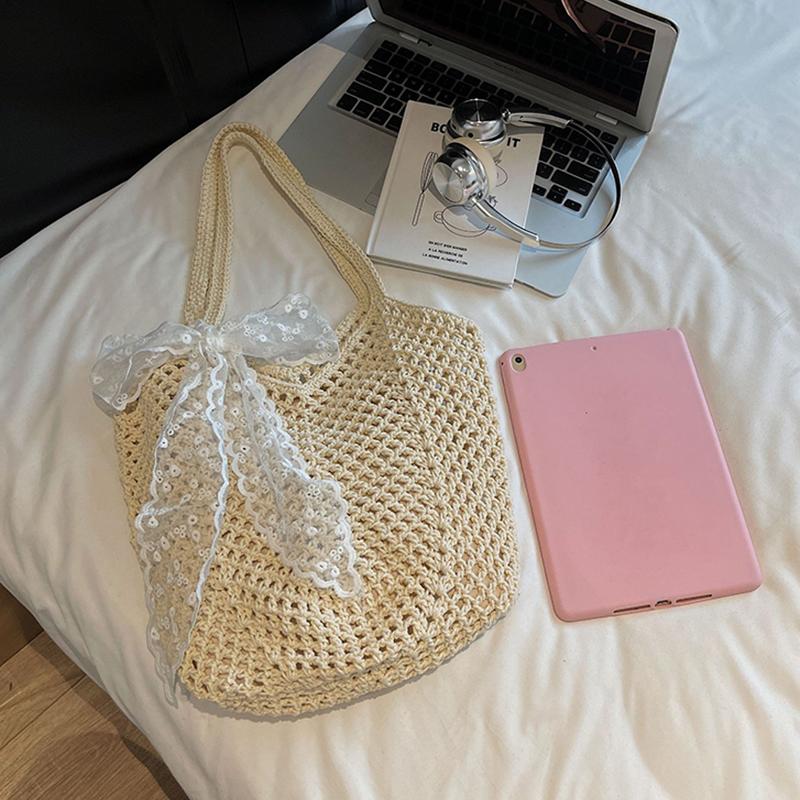 Yogodlns Women Crochet Tote Bag Fashion Knitted Large Capacity Woven Shoulder Bags Solid Color Simple Shopping Bag for Summer Beach
