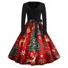 Women's Retro V-Neck Christmas Print Dress with Snowflake and Christmas Tree Pattern