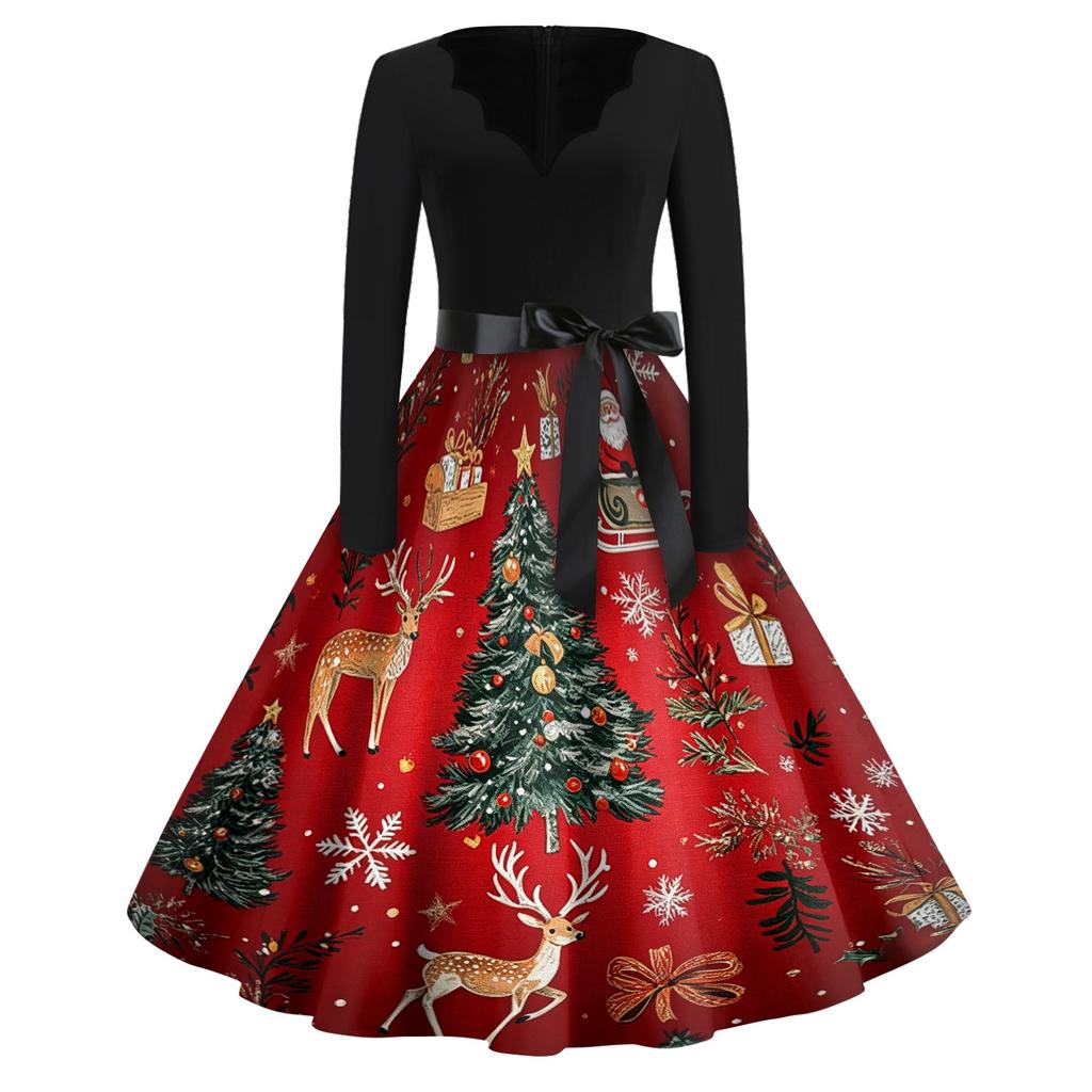 Women's Retro V-Neck Christmas Print Dress with Snowflake and Christmas Tree Pattern