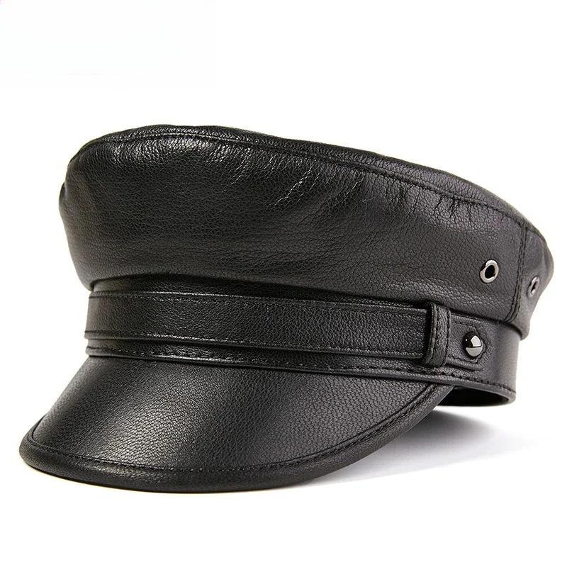 100% Sheepskin Military Hat - XXL Genuine Leather Flat Top Cap for Men/Women, Vintage Rock Style Unisex Headwearoll Captain Hat
