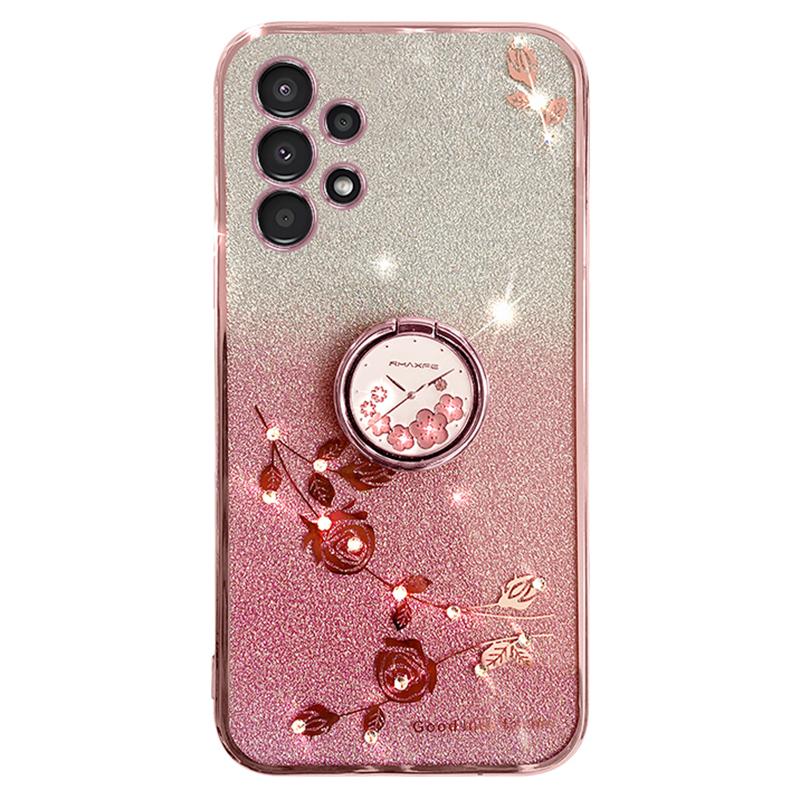 

KADEM For Samsung Galaxy A13 4G Rhinestone Flower Anti-drop Cover Ring Kickstand Glitter Gradient TPU Case Rose Gold