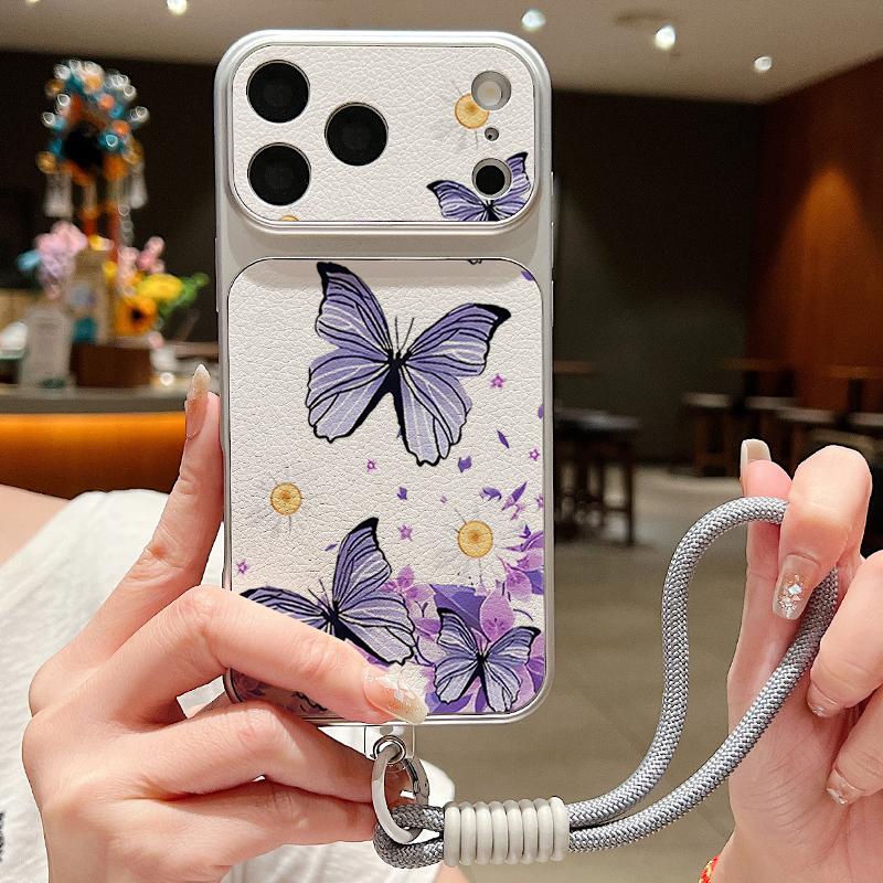 Glowing Tree Butterfly Leather Lanyard Case For iPhone 18 Pro Max Hybrid TPU+PU Anti-skid Soft Cover For iPhone 17 16 15 14 13 Pro Max