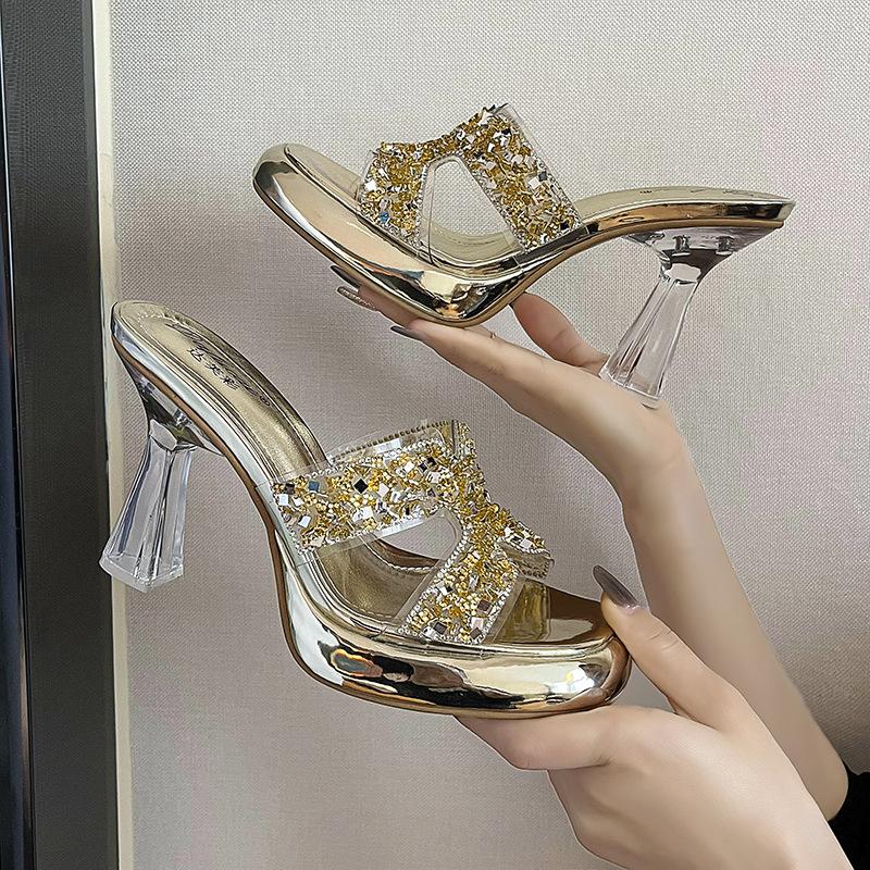 35-42 Large Size High-heeled Slippers Crystal and Waterproof Table 2025 Summer New Sexy One-character Drag