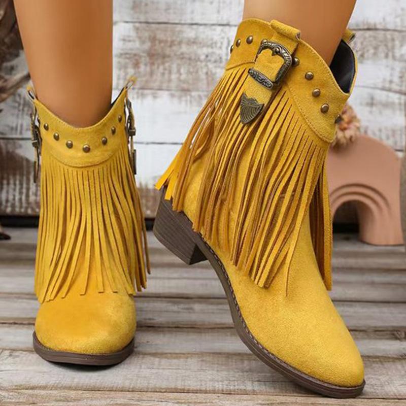 Fashion Vintage Tassel Detor Ankle Boots Women Spring Autumn Pointed Toe Square Heel Boots Woman Fashion Slip On Plus Size Booties Lady
