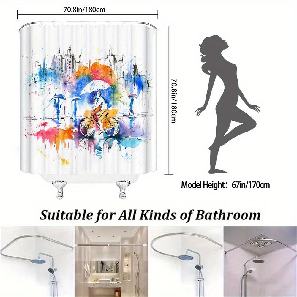 Vibrant Cityscape Shower Curtain - Cyclists & Umbrellas, Dynamic Urban Design, Polyester, 12 Hooks, Modern Bathroom Decor