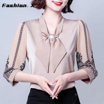 Camicia grande da donna primaverile e autunnale Camicia in chiffon con maniche a 3/4 Camicia piccola allentata occidentalizzata Fiocco alla moda Top versatile