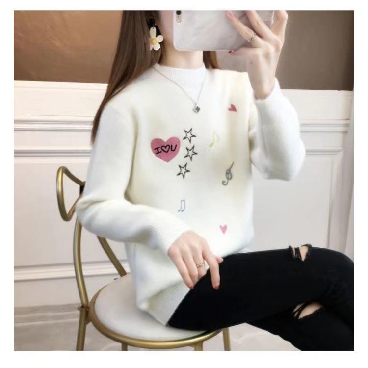 Women's Loose Embroidered Cashmere Sweater with Music Notes, Knitted Top