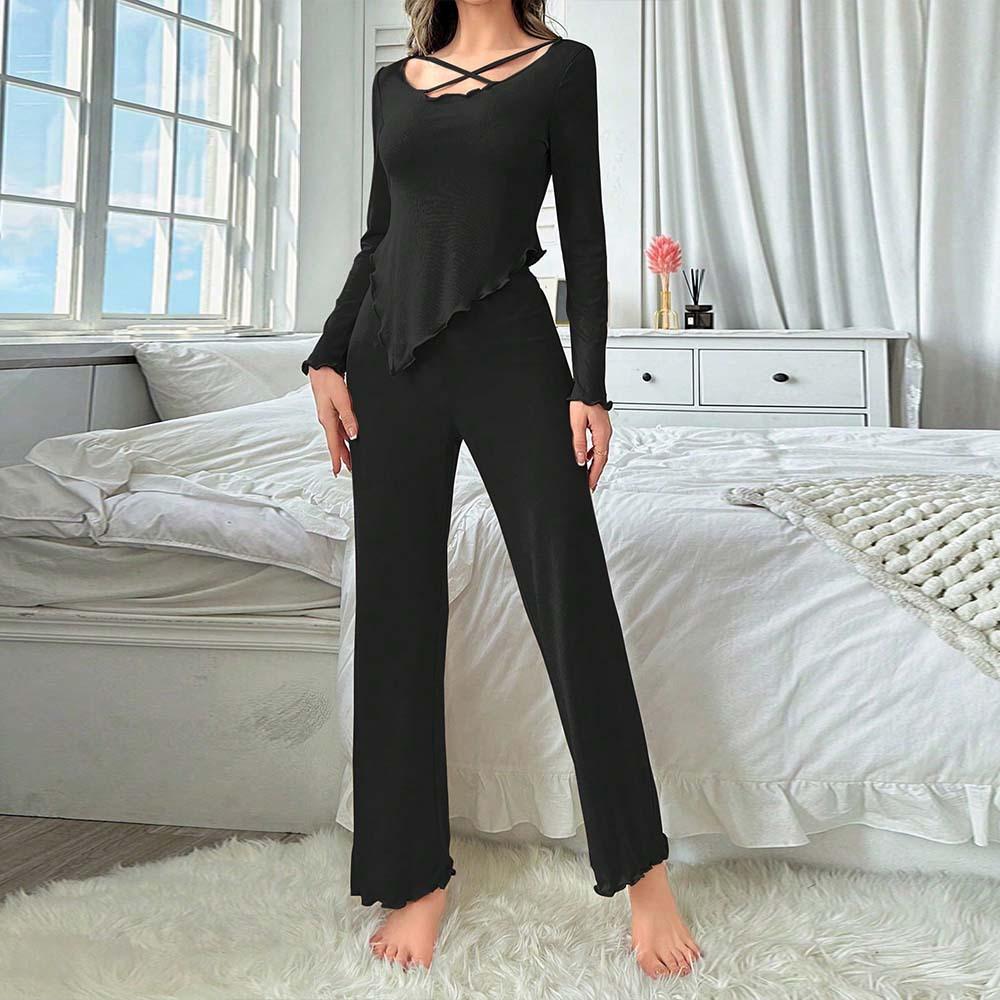 2026 Amazon cross-border European and American sexy design home set spring and summer comfortable temperament slim two-piece set women S чёрный