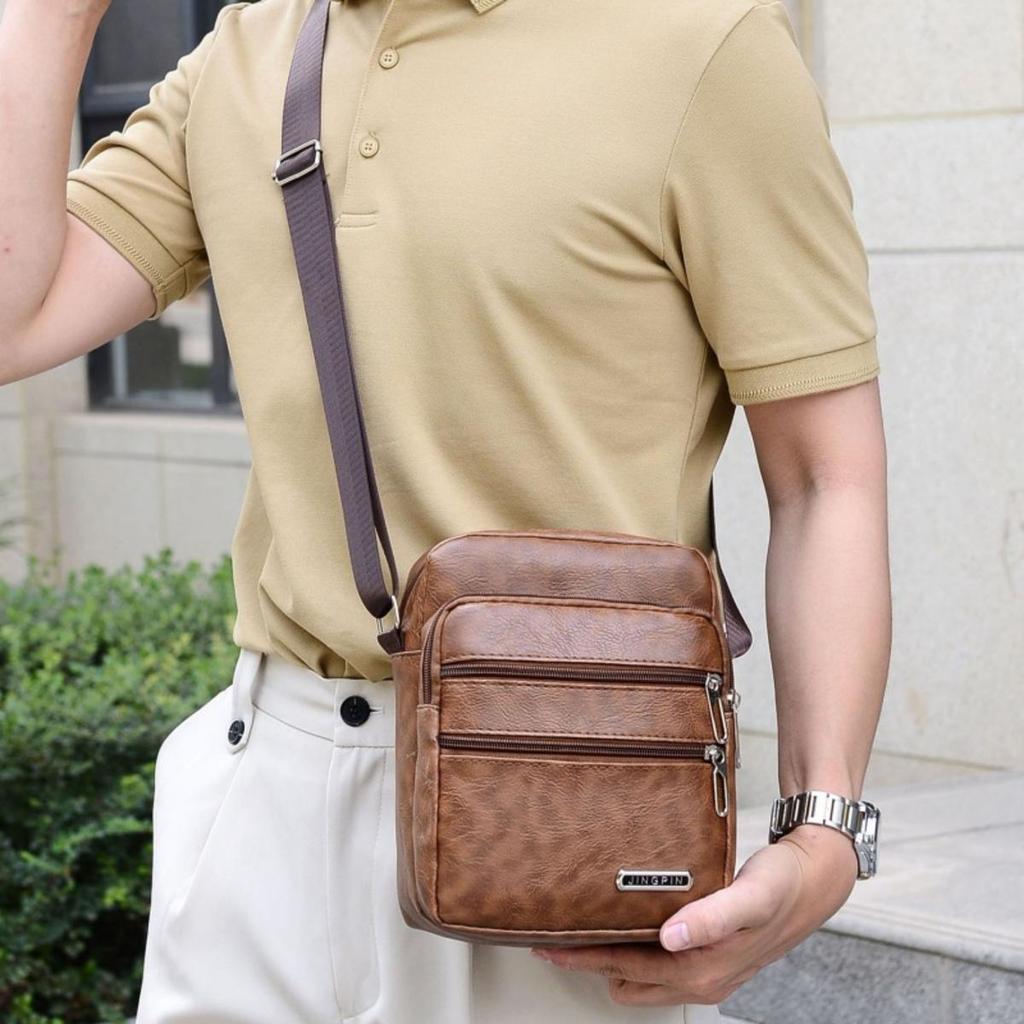 Men Shoulder Bag Waterproof Large Capacity Messenger Bag Adjustable Strap Outdoor Travel PU Leather Casual Simple All-Match Bags