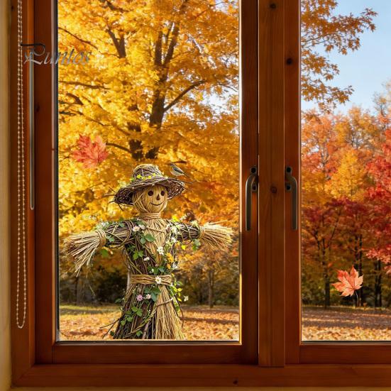 Holiday Party Window Ornament Scarecrow Stickers with Realistic Maple Leaf, Pastoral Decals, Waterproof Farmhouse Fall Decorations PVC Static