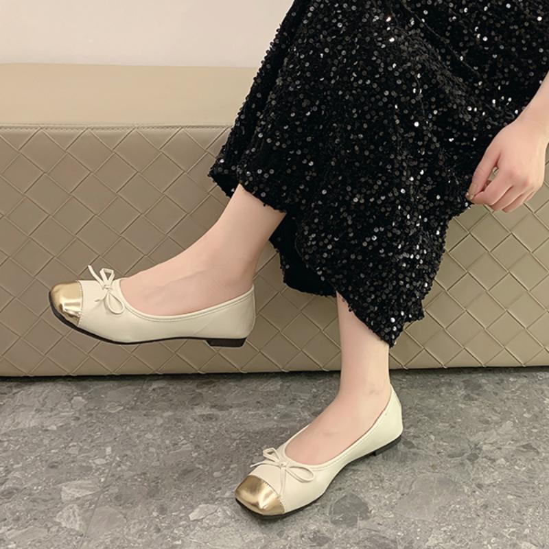 

Fashion Ballet Flats Classic Shoes Women Basic Leather Tweed Cloth Two Color Splice Bow Round Shoes Fashion Flats Women Shoes 35 бежевый