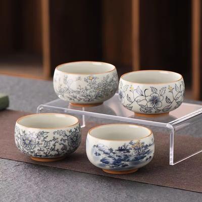 Ru Kiln Twisted Branch Lotus Teacup Master Cup Old Clay Crack Glaze High-End Atmospheric Teacup Painted Blue And White Arhat Cup