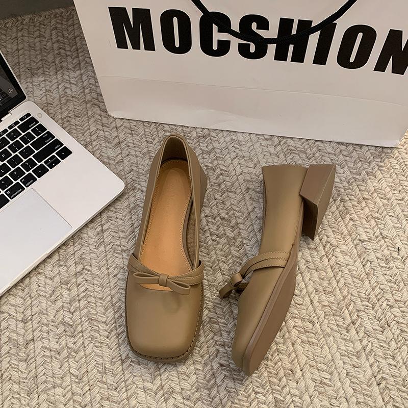 Leather Shallow Mouth Square Head Single Shoes Women's Low Heel Square Heel Small Leather Shoes Spring and Autumn Soft Sole Bow Mary Jane Shoes