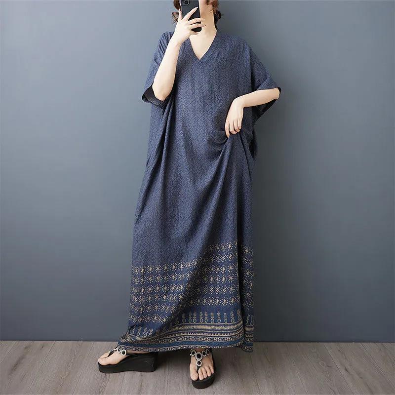 

Skirt for Woman Cotton Summer Plus Size Loose V Neck Vintage Casual Printed Soft Long Dresses One Size синій