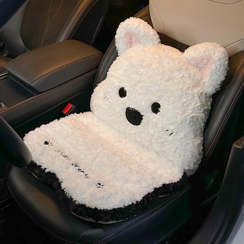 Car Seat Cushion Winter Integrated Warm Cartoon Seat Cushion Car Lumbar Support Neck Pillow Waist Rest Cute Plush Dog Backrest